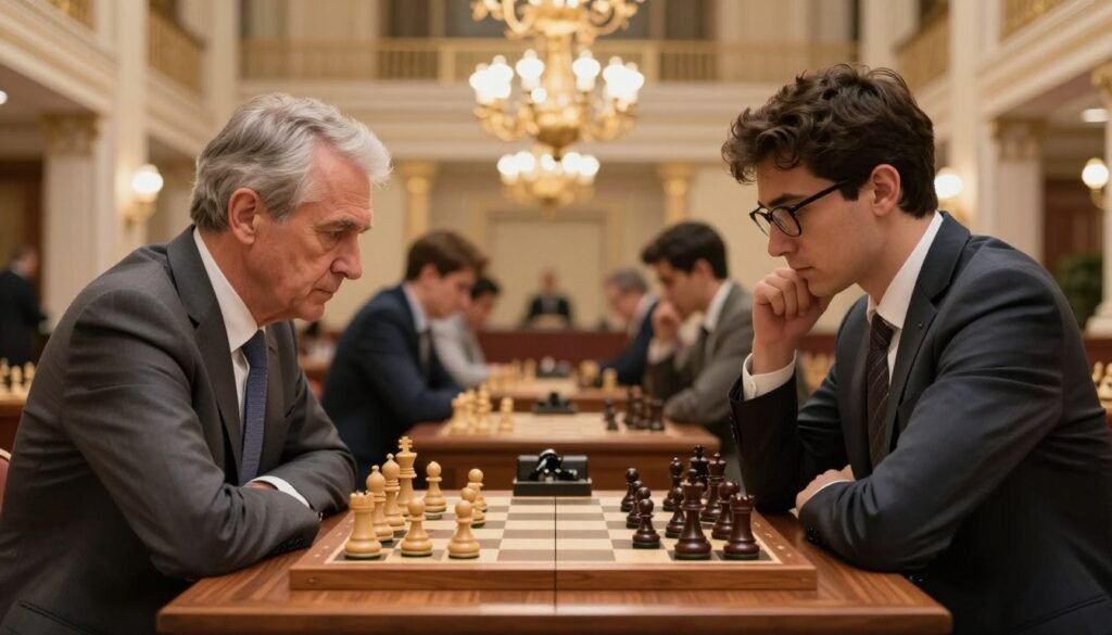 A high-stakes world championship chess match between two distinguished players, set in a grand, elegantly lit hall. In the foreground, a polished wooden chessboard is displayed with beautifully crafted chess pieces, capturing the intense concentration of the players. One player is an older man with short gray hair, dressed in a sharp suit, his focused expression radiating determination. The opponent, a younger man with dark hair and spectacles, wears a tailored blazer, reflecting poise and strategy. In the background, soft golden lighting highlights the ornate architecture of the venue, emphasizing the historic significance of the match. The atmosphere is tense yet respectful, evoking the spirit of fierce competition. The image should be professionally composed to reflect the seriousness of the event, without any text or branding, showcasing the essence of a legendary chess duel. Debsie.com.