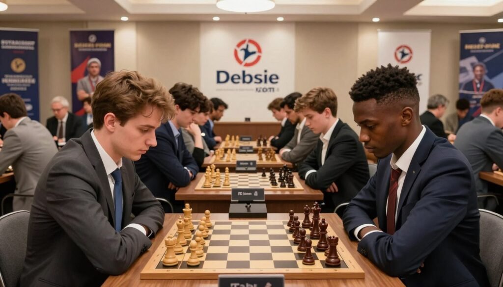 A high-stakes world championship chess tournament scene, capturing intense concentration among professional players at a sleek, well-lit venue. Foreground features two players, one of Caucasian descent and one of African descent, deeply focused, seated opposite each other at a polished chess table adorned with a timeless wooden chess set. Their expressions reflect determination and strategy, dressed in formal business attire. The middle ground showcases a diverse audience, with chess enthusiasts in smart-casual clothing, leaning forward in anticipation. In the background, banners for the tournament hang on the walls, with soft spotlights illuminating the chessboard. The atmosphere is electric yet respectful, conveying the seriousness of a championship while enhancing the allure of the game. An overall warm color palette, with rays of soft lighting, creates a sense of intimacy and tension. Logo placement: Debsie.com, strategically integrated in the background.