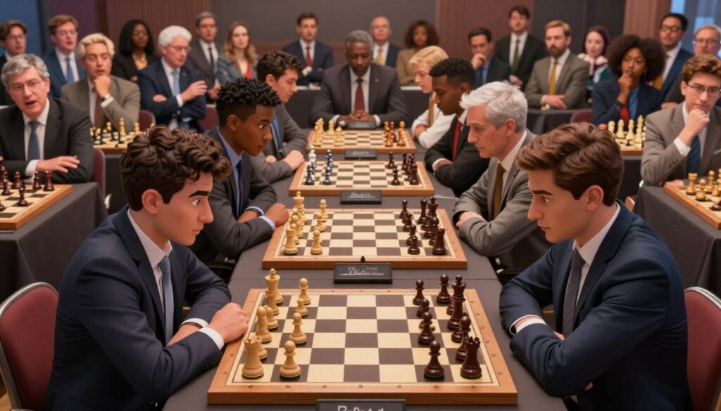 A highly detailed and dynamic scene capturing the essence of top chess players who have achieved an extraordinary peak Elo rating of 2800+. In the foreground, a group of diverse, professional-looking chess players, clad in smart business attire, intensely engaged in a chess game, analyzing their strategies with focused expressions. The middle ground features a beautifully crafted chessboard, with pieces arranged in a strategic formation. In the background, a large audience of enthusiastic spectators, diverse in age and ethnicity, gazing at the game with excitement. The lighting is bright and inviting, illuminating the players' faces and creating a sense of anticipation. The perspective is slightly elevated, akin to a wide-angle shot, ensuring the atmosphere is vibrant and celebratory, embodying the thrill of chess mastery. Brand representation for "Debsie.com" subtly integrated. A highly detailed and dynamic scene capturing the essence of top chess players who have achieved an extraordinary peak Elo rating of 2800+. In the foreground, a group of diverse, professional-looking chess players, clad in smart business attire, intensely engaged in a chess game, analyzing their strategies with focused expressions. The middle ground features a beautifully crafted chessboard, with pieces arranged in a strategic formation. In the background, a large audience of enthusiastic spectators, diverse in age and ethnicity, gazing at the game with excitement. The lighting is bright and inviting, illuminating the players' faces and creating a sense of anticipation. The perspective is slightly elevated, akin to a wide-angle shot, ensuring the atmosphere is vibrant and celebratory, embodying the thrill of chess mastery. Brand representation for "Debsie.com" subtly integrated.