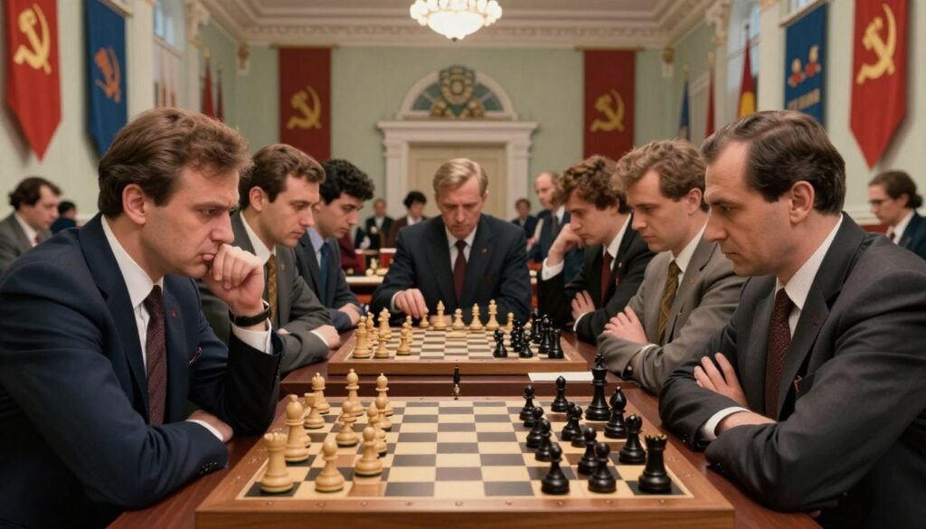 A historic Soviet chess team, featuring Viktor Korchnoi at the forefront, surrounded by diverse male and female chess players in smart business attire. The foreground captures their intense expressions and focused postures, with Korchnoi showcasing his characteristic intensity, his hand poised thoughtfully over a chessboard. In the middle, the chessboard is richly detailed, with pieces in mid-game, emphasizing a fierce battle of intellect. The background reveals a grand Soviet-era chess hall, adorned with banners and flags that celebrate their heritage. Soft, dramatic lighting highlights the players while creating a mood of determination and strategic brilliance. The image conveys the spirit of competition and resilience, reflecting the dominance of the Soviet chess machine. Shot with a wide-angle lens for depth, ensuring a vibrant yet serious atmosphere. Created by Debsie.com.