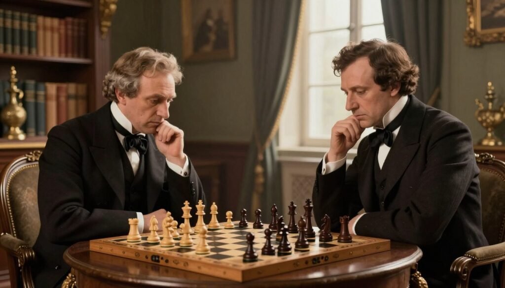 A historic chess match scene depicting the first official World Championship between Wilhelm Steinitz and Johannes Zukertort in 1886. In the foreground, an intricately crafted chessboard is set up between the two players, with chess pieces positioned in mid-game. Steinitz, in a tailored 19th-century suit, is intently focused on the board, while Zukertort, dressed similarly, contemplates his next move. The background features an elegant Victorian-style room with bookshelves and antique furniture, softly illuminated by warm, diffused lighting. A large window lets in gentle light, creating a thoughtful, tense atmosphere indicative of strategic competition. The image reflects a sense of historical significance and intellectual rigor, emphasizing the importance of this championship in chess history. Created for Debsie.com.