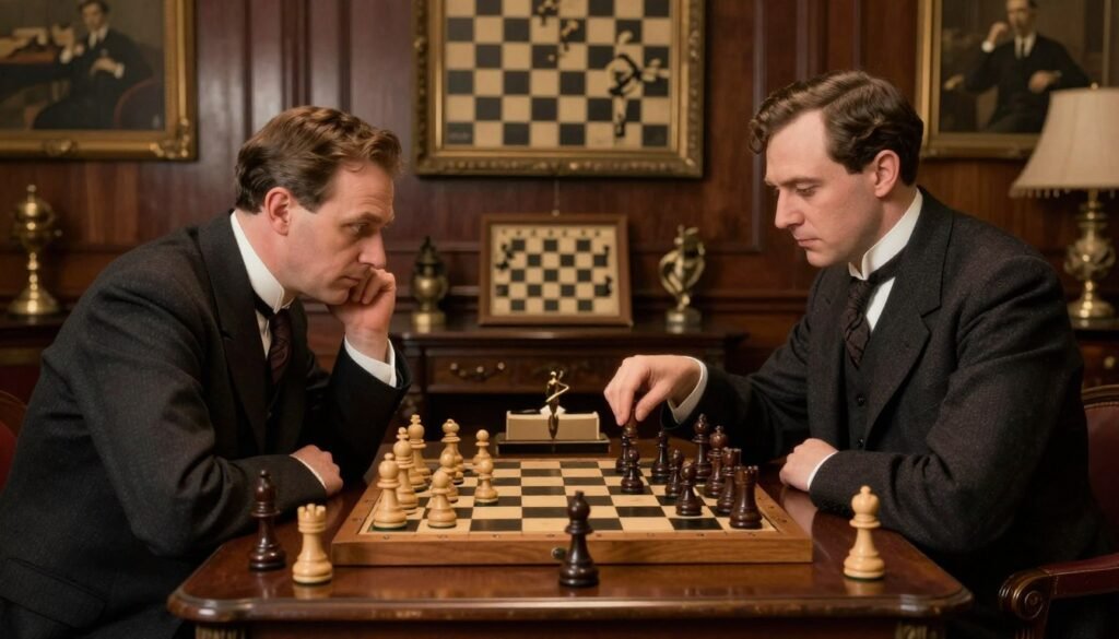 A historic chess match scene featuring Emanuel Lasker and Frank Marshall at a lavishly adorned chess table in the foreground, both dressed in early 20th-century professional business attire. Lasker, with a focused expression, leans forward, contemplating his next move, while Marshall sits confidently, hand poised above the pieces. The middle ground showcases an intricately detailed chessboard with elegant wooden pieces mid-game, surrounded by historical chess memorabilia. In the background, a softly lit room with rich dark wood paneling and vintage chess paintings adds to the atmosphere, evoking a sense of nostalgia and intense strategic rivalry. The warm, ambient lighting creates an engaging and serious mood, emphasizing the psychological depth of the game. No text or watermarks. Image by Debsie.com. A historic chess match scene featuring Emanuel Lasker and Frank Marshall at a lavishly adorned chess table in the foreground, both dressed in early 20th-century professional business attire. Lasker, with a focused expression, leans forward, contemplating his next move, while Marshall sits confidently, hand poised above the pieces. The middle ground showcases an intricately detailed chessboard with elegant wooden pieces mid-game, surrounded by historical chess memorabilia. In the background, a softly lit room with rich dark wood paneling and vintage chess paintings adds to the atmosphere, evoking a sense of nostalgia and intense strategic rivalry. The warm, ambient lighting creates an engaging and serious mood, emphasizing the psychological depth of the game. No text or watermarks. Image by Debsie.com.