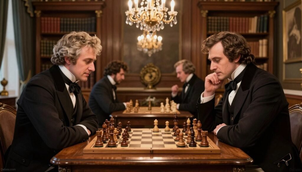 A historic chess match setting featuring Howard Staunton and a challenger at an elegant wooden chess table. In the foreground, the two players, dressed in 19th-century professional attire, are deeply focused on the board, with Staunton displaying a confident expression. The middle scene includes a classic chessboard with intricately designed wooden pieces, highlighting the engaging moment of the match. The background showcases a refined Victorian interior with soft, warm lighting from crystal chandeliers, rich wooden panels, and bookshelves filled with chess literature. The atmosphere is formal and intense, emphasizing the critical nature of the chess competition in Europe. Include the branding "Debsie.com" subtly in the corner, enhancing the historical context without distraction.