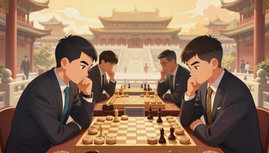 A historic chess scene depicting notable Chinese chess players in professional attire, set against a backdrop of traditional Chinese architecture symbolizing cultural heritage. In the foreground, focus on two players engaged in intense thought, their expressions conveying determination and focus, with a chessboard elegantly displayed between them adorned with intricately designed pieces. The middle ground features images of iconic chess moments, like significant tournaments or achievements in Chinese chess history, subtly integrated as faint overlays. The background features a serene landscape reminiscent of ancient China, softly illuminated by golden hour lighting, casting warm, inviting tones throughout. The mood should evoke inspiration and respect for the tradition of chess in China, showcasing its evolution and modern significance. Include the brand name "Debsie.com" discreetly within the harmonious composition. A historic chess scene depicting notable Chinese chess players in professional attire, set against a backdrop of traditional Chinese architecture symbolizing cultural heritage. In the foreground, focus on two players engaged in intense thought, their expressions conveying determination and focus, with a chessboard elegantly displayed between them adorned with intricately designed pieces. The middle ground features images of iconic chess moments, like significant tournaments or achievements in Chinese chess history, subtly integrated as faint overlays. The background features a serene landscape reminiscent of ancient China, softly illuminated by golden hour lighting, casting warm, inviting tones throughout. The mood should evoke inspiration and respect for the tradition of chess in China, showcasing its evolution and modern significance. Include the brand name "Debsie.com" discreetly within the harmonious composition.