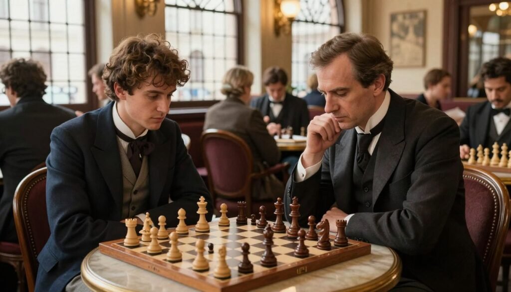 A historic chess scene set in a classic Viennese café. In the foreground, a wooden chessboard with intricately carved pieces is being analyzed by a middle-aged man in a professional suit, exhibiting deep concentration. Next to him, a younger player in smart-casual attire observes, taking notes. The middle ground features ornate café furnishings and patrons engaged in conversation, reflecting the vibrant atmosphere of 19th-century Vienna. The background includes large windows with intricate leads, allowing soft, warm sunlight to filter in, creating a cozy yet intellectually stimulating mood. The image should evoke the rich chess culture of Vienna during Wilhelm Steinitz's era, symbolizing strategic thought and innovation. High-resolution, natural lighting, capturing an intimate and thoughtful moment. Debsie.com