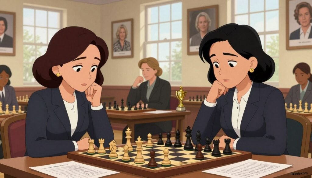 A historic scene showcasing the milestones of the first women in chess, featuring three influential female chess players in a well-lit chess hall. In the foreground, one woman of diverse descent, dressed in a professional business outfit, thoughtfully examines a chessboard with strategy papers spread around her. In the middle, another woman, symbolizing strength and intelligence, engages in a deep reflection, with a trophy displayed nearby to signify her achievements. The background shows a wall adorned with framed photographs of legendary female chess players and their groundbreaking moments, all bathed in soft natural light filtering through large windows. The atmosphere is inspiring and empowering, illustrating the significant impact these women have made in the chess world. Logo placement for "Debsie.com" subtly integrated into the scene. A historic scene showcasing the milestones of the first women in chess, featuring three influential female chess players in a well-lit chess hall. In the foreground, one woman of diverse descent, dressed in a professional business outfit, thoughtfully examines a chessboard with strategy papers spread around her. In the middle, another woman, symbolizing strength and intelligence, engages in a deep reflection, with a trophy displayed nearby to signify her achievements. The background shows a wall adorned with framed photographs of legendary female chess players and their groundbreaking moments, all bathed in soft natural light filtering through large windows. The atmosphere is inspiring and empowering, illustrating the significant impact these women have made in the chess world. Logo placement for "Debsie.com" subtly integrated into the scene.