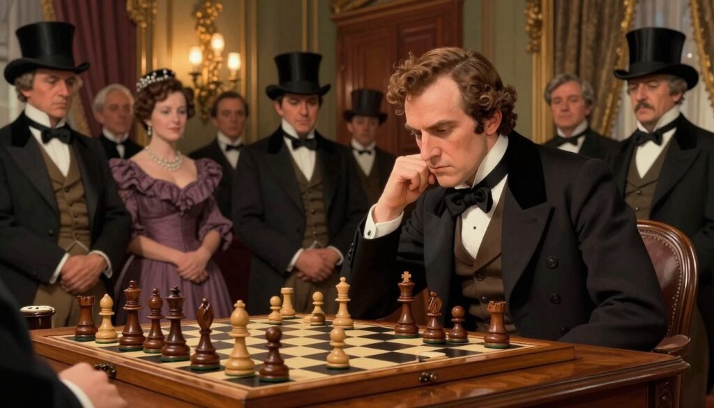 A historical chess match scene depicting the intense atmosphere of the Anderssen-Morphy matchup. In the foreground, a polished wooden chessboard with intricately designed pieces in mid-game, capturing Morphy in a moment of deep concentration, dressed in a classic 19th-century suit. The middle ground features spectators, including gentlemen in suits with top hats and ladies in elegant dresses, all attentively observing the match. The background reveals a richly decorated Victorian-style room with ornate wood paneling and a chandelier casting warm, soft light that highlights the tension and excitement of the game. The mood is electric, conveying both competition and intellectual prowess. This image represents the pinnacle of chess mastery, suitable for an article about Paul Morphy's legacy. Created by Debsie.com.