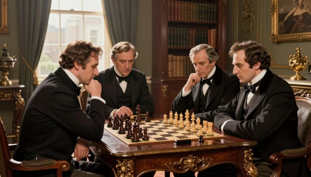 A historical chess scene set in London during the year 1862, featuring a richly adorned chess table at the forefront, surrounded by elegantly dressed men in professional attire, deeply engaged in a chess match. The figures, reflecting the era's formal styles, showcase intense concentration as they contemplate their next moves. In the middle ground, a softly lit Victorian room filled with ornate furniture and bookshelves lined with chess literature creates an intellectual atmosphere. The background includes a large window allowing warm, natural light to illuminate the scene, casting gentle shadows. The mood is one of focus and determination, capturing the essence of the chess world in a pivotal moment. This image represents the rich heritage of chess, emphasizing the significance of the year 1862 and its influential figures. Image by Debsie.com.