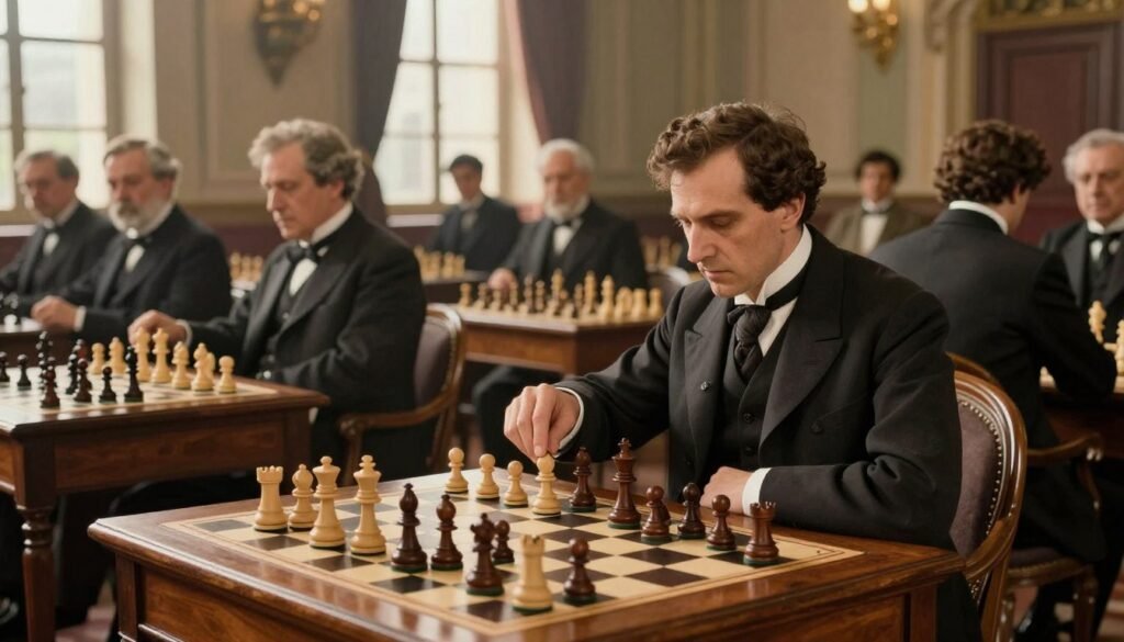A historical scene from the San Sebastián World Chess Tournament, held in 1911, showcasing a grand chess hall filled with wooden chess tables. In the foreground, a focused chess player dressed in early 20th-century professional attire is intensely studying the board, his hand hovering over a piece. The middle ground features several spectators observing the match, all dressed in elegant suits and dresses typical of the era. The background reveals ornate architecture with large windows letting in soft, warm sunlight, creating an inviting atmosphere. Capture a sense of concentration and excitement in the air, reflecting the significance of this tournament in the rise of José Raúl Capablanca. Emphasize the details of the chess pieces and the richness of the setting, adhering to a journalistic and informative style. Image by Debsie.com.