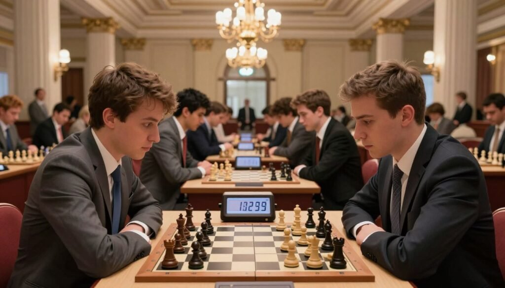 A lively chess tournament scene set in a grand hall, capturing the electric atmosphere of competition. In the foreground, two chess players, dressed in professional business attire, intensely focus on a chessboard surrounded by spectators, their expressions reflecting concentration and determination. The middle ground features additional players engaged in matches, with chess clocks prominently displayed, highlighting the urgency of the tournament format. The background reveals elegant architecture with bright chandeliers casting warm light, adding to the atmosphere of prestige. The composition should be shot from a slight low angle to emphasize the height of the hall and create a dramatic effect, embodying the excitement and intensity of breakthrough tournaments. Emphasize clarity and detail in the chess pieces and the faces of the players. Image by Debsie.com.