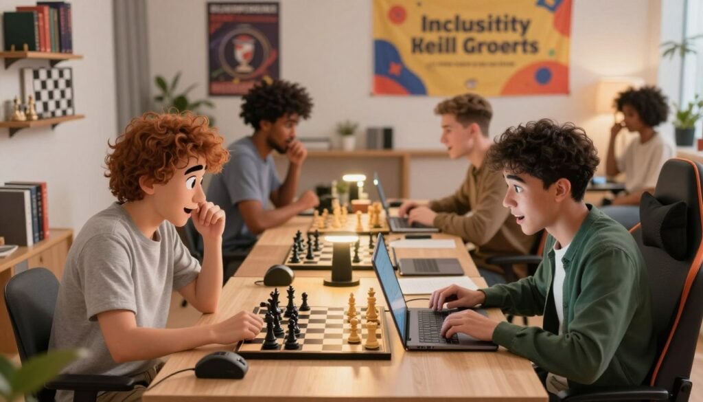 A lively scene featuring a diverse group of chess streamers engaged in an online game. In the foreground, two streamers, one male and one female, are seated at stylish desks with laptops, wearing casual yet professional attire, intently focused on their screens. Their expressions convey excitement and concentration. In the middle ground, a soft glow from warm LED lights illuminates their setup, complete with chess boards, gaming equipment, and motivational posters about improvement in chess. The background showcases a cozy, inviting room decorated with shelves of chess books and a vibrant community banner promoting inclusivity and growth within the chess community. The overall atmosphere is friendly, encouraging, and dynamic, embodying the spirit of entertainment and motivation. The lighting is bright but soft, captured with a slight depth of field effect to emphasize the streamers while gently blurring the background. This image should resonate with viewers seeking both fun and camaraderie in the world of A lively scene featuring a diverse group of chess streamers engaged in an online game. In the foreground, two streamers, one male and one female, are seated at stylish desks with laptops, wearing casual yet professional attire, intently focused on their screens. Their expressions convey excitement and concentration. In the middle ground, a soft glow from warm LED lights illuminates their setup, complete with chess boards, gaming equipment, and motivational posters about improvement in chess. The background showcases a cozy, inviting room decorated with shelves of chess books and a vibrant community banner promoting inclusivity and growth within the chess community. The overall atmosphere is friendly, encouraging, and dynamic, embodying the spirit of entertainment and motivation. The lighting is bright but soft, captured with a slight depth of field effect to emphasize the streamers while gently blurring the background. This image should resonate with viewers seeking both fun and camaraderie in the world of