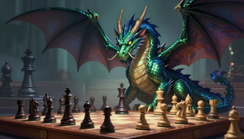 A majestic dragon, embodying the Dragon Variation in chess, unfurls its dark wings in a grand chess setting. In the foreground, detailed scales glisten in hues of emerald and deep azure, reflecting strategic brilliance. The dragon's fierce gaze is fixed on a polished wooden chessboard, where pieces are arranged in a formidable Sicilian Defense. In the middle ground, a shadowy, dark-squared bishop exudes an aura of power, poised above its own position, symbolizing control over the game. The background features a dramatic lighting setup, casting a soft glow that emphasizes the tension and focus within the scene, evoking a mood of intensity and depth. The image should capture the balance between the mythical and the intellectual, without any text or additional elements, showcasing the artistry of strategy. Debsie.com