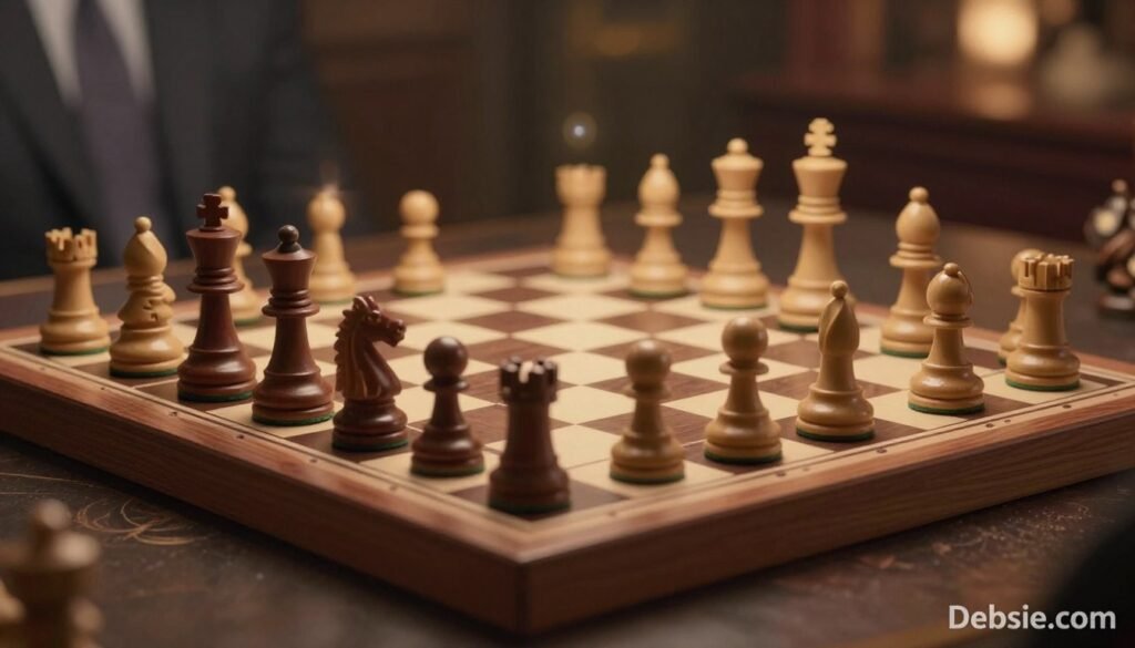 A meticulously arranged chess board set to showcase a dynamic game in play, with all pieces on the board, emphasizing strategic positioning. The foreground features elegant wooden chess pieces in rich hues, capturing their fine craftsmanship. In the middle, the chessboard contrasts against a soft focus of a luxurious, dark table surface, hinting at an intimate chess setting. The background should fade to a warm and inviting atmosphere with muted lighting, highlighting the intensity of the game while creating a subdued ambiance. A subtle lens flare from a nearby light source adds depth and warmth, contributing to a sense of anticipation. This scene embodies focus and strategy, perfect for illustrating the world of competitive blitz chess. The image should be professional and polished, branded subtly with "Debsie.com". A meticulously arranged chess board set to showcase a dynamic game in play, with all pieces on the board, emphasizing strategic positioning. The foreground features elegant wooden chess pieces in rich hues, capturing their fine craftsmanship. In the middle, the chessboard contrasts against a soft focus of a luxurious, dark table surface, hinting at an intimate chess setting. The background should fade to a warm and inviting atmosphere with muted lighting, highlighting the intensity of the game while creating a subdued ambiance. A subtle lens flare from a nearby light source adds depth and warmth, contributing to a sense of anticipation. This scene embodies focus and strategy, perfect for illustrating the world of competitive blitz chess. The image should be professional and polished, branded subtly with "Debsie.com".