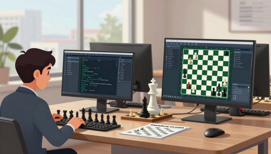 A modern and sleek chess engine setup in a well-lit room, featuring high-end computers and monitors displaying complex chess algorithms and game analyses. In the foreground, a professional chess player in business attire is engrossed in reviewing chess strategies on one screen, while another screen shows a digital chessboard with live matches in progress. Soft, natural lighting illuminates the room, creating a focused atmosphere. The middle of the scene includes a sophisticated chess piece display alongside educational materials about chess strategies and engine usage. In the background, a large window reveals a serene urban landscape, adding a sense of openness. The image should convey a blend of intellectual engagement and technological innovation, reflecting the intersection of Chess, education, and public discourse. Debsie.com.