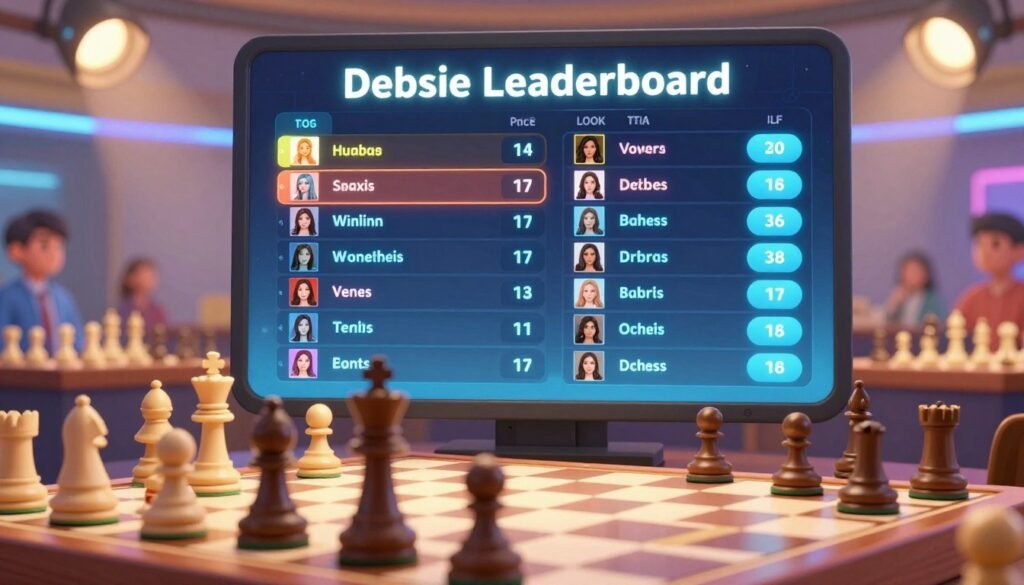A modern and sleek leaderboard display titled "Debsie Leaderboard" prominently features a clean, digital interface showcasing rankings of chess players. In the foreground, elegant chess pieces—kings, queens, and rooks—are arranged on a polished wooden chessboard, symbolizing strategy and competition. The middle layer includes a vibrant digital screen with glowing leaderboards, highlighting the top women chess players in an organized format, focusing on their achievements. The background features a softly blurred chess tournament setting, with focused spectators and bright lighting creating an atmosphere of excitement and engagement. Use a wide-angle lens perspective to capture the depth and importance of the leaderboard, with warm, inviting lighting to enhance the friendly, encouraging tone of the image. A modern and sleek leaderboard display titled "Debsie Leaderboard" prominently features a clean, digital interface showcasing rankings of chess players. In the foreground, elegant chess pieces—kings, queens, and rooks—are arranged on a polished wooden chessboard, symbolizing strategy and competition. The middle layer includes a vibrant digital screen with glowing leaderboards, highlighting the top women chess players in an organized format, focusing on their achievements. The background features a softly blurred chess tournament setting, with focused spectators and bright lighting creating an atmosphere of excitement and engagement. Use a wide-angle lens perspective to capture the depth and importance of the leaderboard, with warm, inviting lighting to enhance the friendly, encouraging tone of the image.