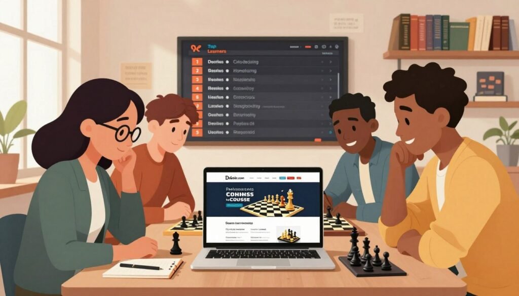 A modern, bright study setting with a central table featuring a sleek laptop open to the Debsie.com homepage, showcasing engaging chess courses. In the foreground, a diverse group of three individuals, a woman with glasses in business attire and two men in modest casual clothing, examine chess strategies together, leaning in with interest. The middle ground displays a large leaderboard on the wall, highlighting top learners and motivating competitive spirit. The background features shelves filled with books on chess and motivational quotes. The scene is illuminated by soft, natural light from a nearby window, creating a warm and inviting atmosphere. The overall mood is friendly and collaborative, emphasizing learning and growth in chess. A modern, bright study setting with a central table featuring a sleek laptop open to the Debsie.com homepage, showcasing engaging chess courses. In the foreground, a diverse group of three individuals, a woman with glasses in business attire and two men in modest casual clothing, examine chess strategies together, leaning in with interest. The middle ground displays a large leaderboard on the wall, highlighting top learners and motivating competitive spirit. The background features shelves filled with books on chess and motivational quotes. The scene is illuminated by soft, natural light from a nearby window, creating a warm and inviting atmosphere. The overall mood is friendly and collaborative, emphasizing learning and growth in chess.