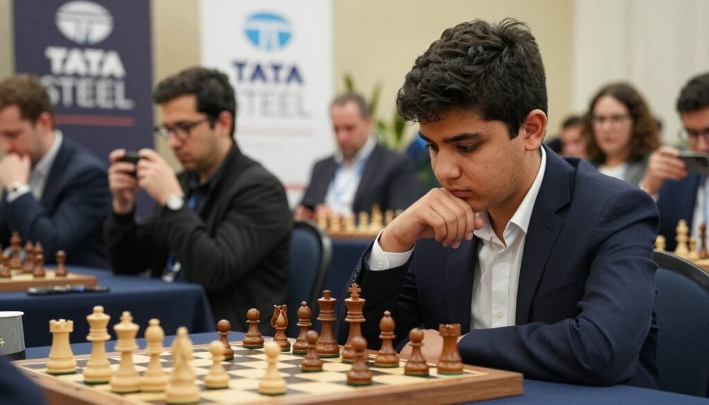 A modern chess scene set in the prestigious Tata Steel Chess tournament. In the foreground, a young male chess prodigy in professional attire, focused and deep in thought, studies a chessboard with pieces in mid-game, showcasing intense concentration. His expression embodies determination and intelligence. In the middle ground, blurred spectators are engaged, with a few capturing the moment on their phones for a lively atmosphere. The background features banners and the iconic Tata Steel logo, hinting at the tournament's prestige. Soft, natural lighting creates a warm ambiance, while a slight depth of field draws attention to the player. The mood is vibrant yet respectful, highlighting the significance of chess as a serious pursuit. Image by Debsie.com.