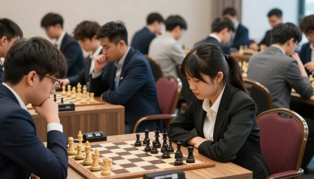 A modern chess tournament scene, capturing the essence of competitive "world chess" with a focus on strategy and intellect. In the foreground, a diverse group of professional players, including a young Asian woman in a smart business attire, deeply concentrated on their chessboards, showcasing intense expressions of focus and determination. The middle ground features elegantly designed chess tables with intricately carved pieces, arranged for a high-stakes game. The background displays a bustling tournament hall filled with spectators and other players, all immersed in the atmosphere of critical thinking and anticipation. Soft, natural lighting highlights the players' faces, casting gentle shadows and creating an inviting mood. Photo taken with a 50mm lens to emphasize depth, showcasing the intensity of the chess competition. This image, suitable for Debsie.com, illustrates the modern age of chess and the future ahead for its champions.