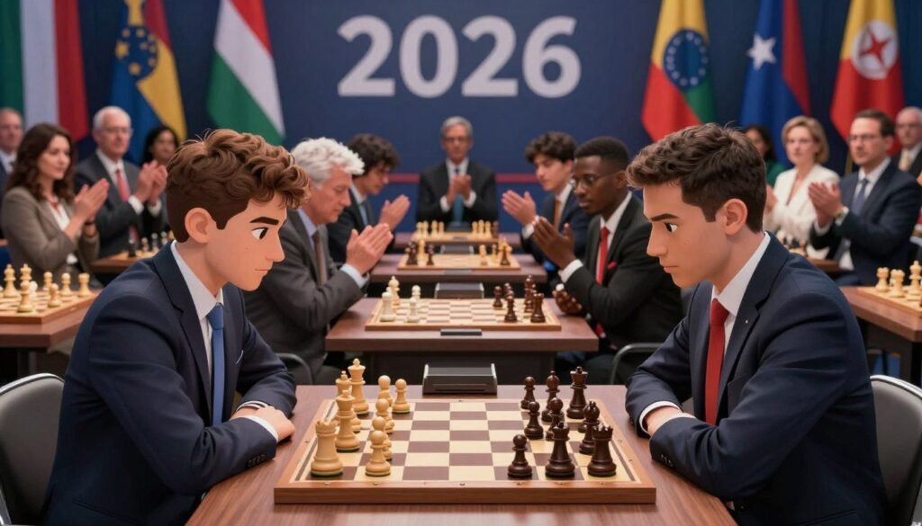A modern chess tournament scene, showcasing the best chess players of 2026 in professional business attire. In the foreground, two intense players are focused on a chessboard with intricate pieces, their expressions reflecting concentration and strategy. The middle ground features a lively audience, diverse in ethnicity and age, all captivated by the match, clapping and cheering. In the background, banners display the year "2026" and colorful flags representing various countries, creating a vibrant atmosphere. Soft, dramatic lighting highlights the players' faces and the chessboard, while a wide-angle lens captures the entire scene. The overall mood is one of excitement and anticipation, symbolizing the future of chess excellence. Designed for Debsie.com. A modern chess tournament scene, showcasing the best chess players of 2026 in professional business attire. In the foreground, two intense players are focused on a chessboard with intricate pieces, their expressions reflecting concentration and strategy. The middle ground features a lively audience, diverse in ethnicity and age, all captivated by the match, clapping and cheering. In the background, banners display the year "2026" and colorful flags representing various countries, creating a vibrant atmosphere. Soft, dramatic lighting highlights the players' faces and the chessboard, while a wide-angle lens captures the entire scene. The overall mood is one of excitement and anticipation, symbolizing the future of chess excellence. Designed for Debsie.com.