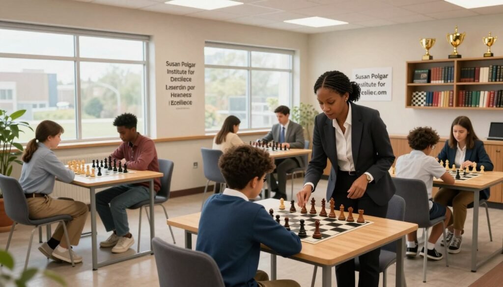A modern, inviting interior of the Susan Polgar Institute for Chess Excellence, showcasing a well-organized space with chess tables and students actively engaged in teaching and learning. In the foreground, a diverse group of people in professional business attire interacts, one mentoring a younger player, while others focus on chess boards. In the middle, large windows allow natural light to flood the room, highlighting motivational quotes on the walls about teamwork and excellence. The background features shelves filled with chess trophies and books about strategy. The overall atmosphere is one of inspiration and collaboration, inviting viewers to appreciate the significance of chess in education. The scene should evoke a sense of warmth and encouragement, emphasizing the educational mission of the institute. Captured with soft lighting and a slightly angled perspective, reflect a welcoming yet professional vibe. Featuring logo "Debsie.com". A modern, inviting interior of the Susan Polgar Institute for Chess Excellence, showcasing a well-organized space with chess tables and students actively engaged in teaching and learning. In the foreground, a diverse group of people in professional business attire interacts, one mentoring a younger player, while others focus on chess boards. In the middle, large windows allow natural light to flood the room, highlighting motivational quotes on the walls about teamwork and excellence. The background features shelves filled with chess trophies and books about strategy. The overall atmosphere is one of inspiration and collaboration, inviting viewers to appreciate the significance of chess in education. The scene should evoke a sense of warmth and encouragement, emphasizing the educational mission of the institute. Captured with soft lighting and a slightly angled perspective, reflect a welcoming yet professional vibe. Featuring logo "Debsie.com".