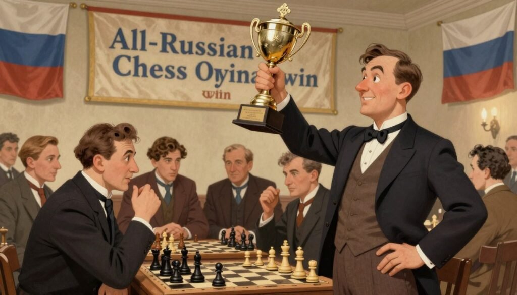 A nostalgic scene depicting the "All-Russian Chess Olympiad win" from the early 20th century. In the foreground, a proud chess player, dressed in a classic formal suit, stands holding a large trophy aloft, with an expression of triumph on his face. The middle ground features a diverse group of professional players gathered around a chessboard, engaged in lively discussions and gestures, showcasing camaraderie and competitive spirit. In the background, vintage banners and flags representing Russia create an atmosphere of national pride, illuminated by soft, warm lighting that evokes a sense of optimism. The scene captures the moment's significance, reflecting the spirit of resilience and rebuilding after revolution. Shot with a slight low angle to emphasize the player's victory. This image is produced by Debsie.com.