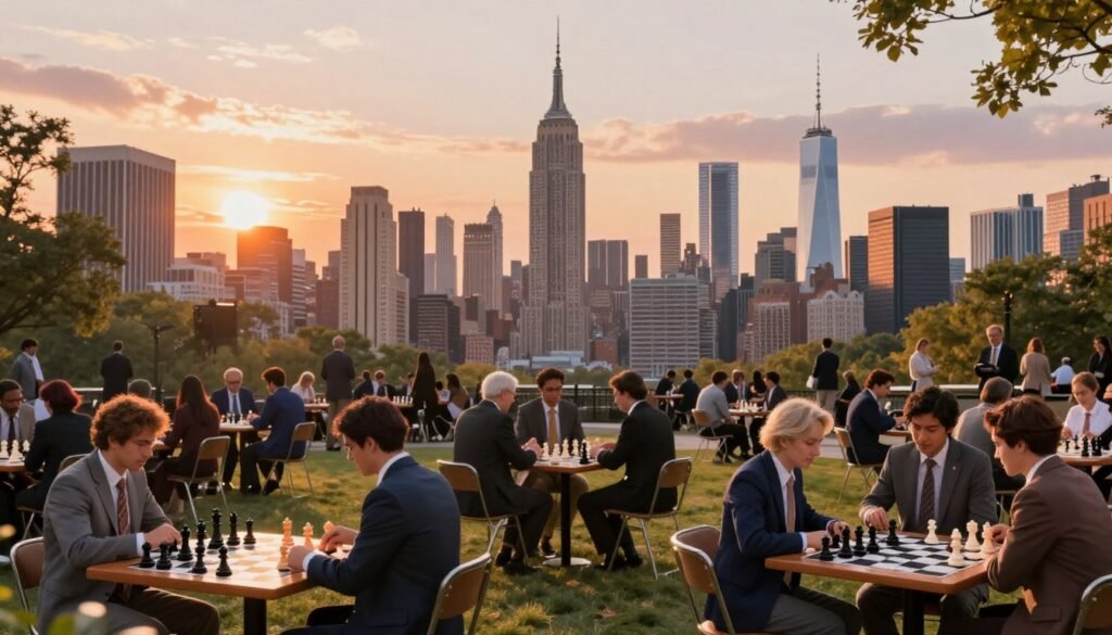 A panoramic view of New York City at sunset, showcasing a bustling chess-themed outdoor gathering in a vibrant park. In the foreground, a diverse group of people in professional business attire sits around large chess tables, intently engaged in games. The middle ground captures iconic skyscrapers like the Empire State Building and One World Trade Center, adorned in warm hues of orange and gold as the sun sets. The background features an expansive skyline with soft pastel colors in the sky, reflecting a sense of strategy and competition. The atmosphere is lively and intellectual, with subtle light flares illuminating the scene, creating a welcoming and inspiring mood. Rendered in a high-resolution, realistic style suitable for editorial use for Debsie.com.