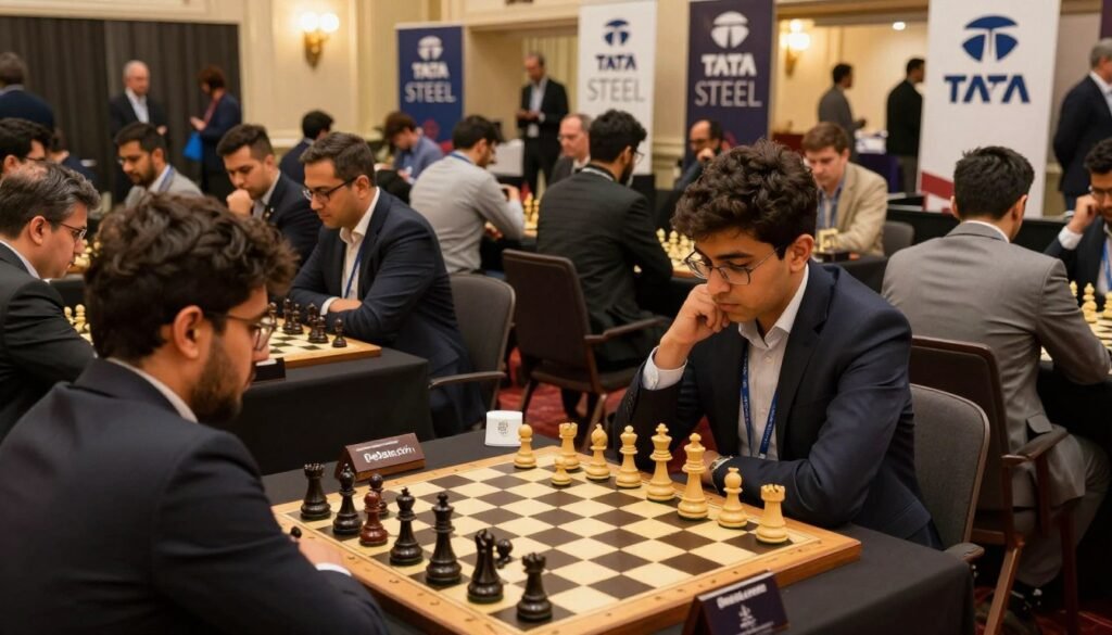 A panoramic view of the Tata Steel Chess Tournament venue, bustling with spectators and chess enthusiasts. In the foreground, a polished chessboard sits prominently, with intricately designed pieces in stark contrast, illuminated by warm, focused lighting. In the middle ground, players of diverse backgrounds and ages sit at tables deep in concentration, clad in professional attire. The audience is engaged, with expressions of anticipation and excitement. In the background, banners displaying the Tata Steel logo hang in an elegantly arranged space, with soft lighting creating a welcoming atmosphere. The overall mood is one of spirited competition and camaraderie, captured from a slightly elevated angle to provide depth. The image reflects an iconic chess event, showcasing strategy and intellect. The brand name "Debsie.com" is subtly integrated, enhancing the composed setting without distraction.
