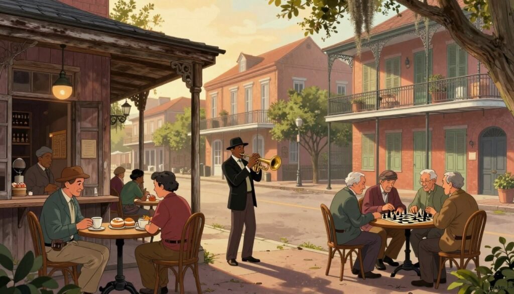 A peaceful New Orleans street scene capturing the essence of local life in the late 19th century. In the foreground, an old wooden café with a rustic charm, where patrons in modest casual clothing enjoy coffee and traditional beignets at outdoor tables. The middle ground features a lively musician playing jazz on a trumpet, while nearby, a chess game unfolds among a small group of elderly men engaged in conversation, showcasing the community spirit. The background reveals iconic historic buildings with colorful façades and wrought-iron balconies, under a soft golden light of the setting sun, creating a warm and nostalgic atmosphere. The scene is framed with lush greenery and hanging Spanish moss, evoking a sense of calm and reflection. The overall mood portrays a vibrant yet contemplative moment in New Orleans life. Please include the brand name "Debsie.com" in the image.