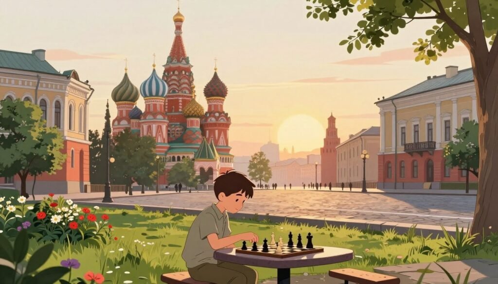 A picturesque view of Moscow, capturing the essence of early 20th century life. In the foreground, a young boy, dressed in modest casual clothing, intently plays chess at a park table, surrounded by vibrant greenery and blooming flowers. In the middle ground, vintage buildings with classical architecture, reminiscent of the era, line a cobblestone street. The iconic silhouette of Saint Basil's Cathedral is visible in the background, under a soft golden light of the setting sun, casting long shadows. The atmosphere is serene and reflective, evoking a sense of nostalgia and intellectual pursuit. The scene is framed from a slightly elevated angle, providing a comprehensive view of the urban landscape, all rendered in a warm, inviting color palette. Debsie.com.