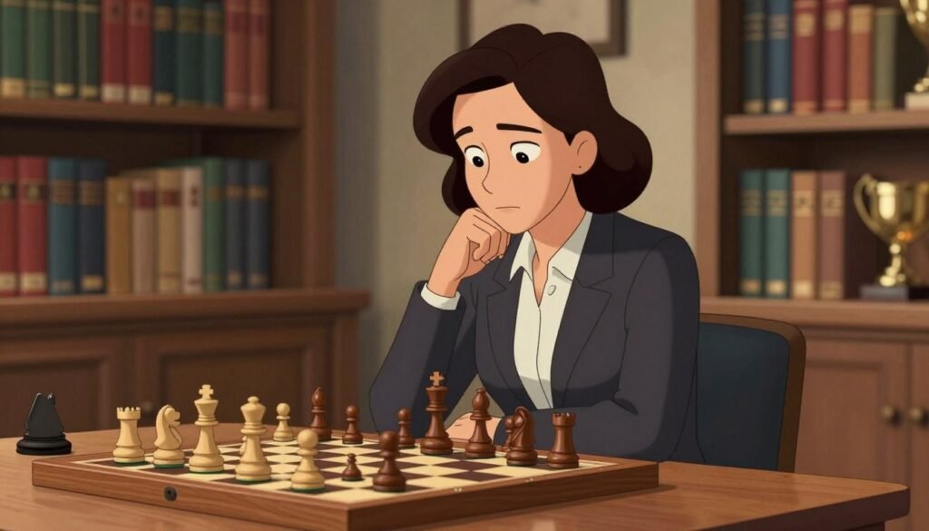 A poised and confident woman, Susan Polgar, is at a chessboard in a well-lit room, deeply focused as she contemplates her next move. She wears professional business attire— a tailored blazer and blouse, exuding elegance and strength. The chessboard, a classic wooden design, sits on a polished table, with pieces in mid-game, emphasizing strategy. In the background, a cozy library filled with chess books and trophies hints at her rich history in the game. Soft, warm lighting creates an inviting atmosphere, highlighting her thoughtful expression. A subtle depth-of-field effect draws attention to her while gently blurring the background, giving a sense of depth. This image embodies respect for a great chess player, captured in a moment of intellectual engagement. Created by Debsie.com. A poised and confident woman, Susan Polgar, is at a chessboard in a well-lit room, deeply focused as she contemplates her next move. She wears professional business attire— a tailored blazer and blouse, exuding elegance and strength. The chessboard, a classic wooden design, sits on a polished table, with pieces in mid-game, emphasizing strategy. In the background, a cozy library filled with chess books and trophies hints at her rich history in the game. Soft, warm lighting creates an inviting atmosphere, highlighting her thoughtful expression. A subtle depth-of-field effect draws attention to her while gently blurring the background, giving a sense of depth. This image embodies respect for a great chess player, captured in a moment of intellectual engagement. Created by Debsie.com.