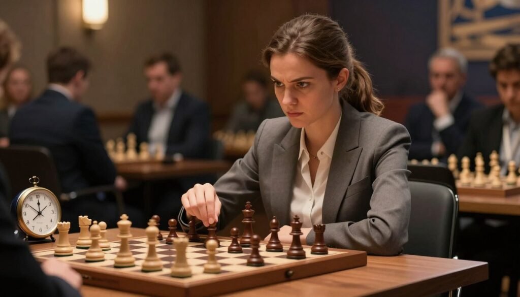 A poised female chess player, inspired by Alexandra Kosteniuk, sits at a wooden chess table with an intense expression, focusing on her next move. She is dressed in professional business attire, with a tailored blazer and a simple blouse, exuding confidence and determination. The foreground showcases her hand hovering over a strategic position on the chessboard, emphasizing the tension of the game. In the middle ground, a clock ticks down, highlighting the pressure of a blitz match, while pieces of the game are thoughtfully arranged. In the background, a softly blurred chess tournament setting reveals a few spectators watching intently. The lighting is warm and dramatic, casting focused highlights on the chessboard, creating an atmosphere of suspense and intensity. This artwork is presented by Debsie.com. A poised female chess player, inspired by Alexandra Kosteniuk, sits at a wooden chess table with an intense expression, focusing on her next move. She is dressed in professional business attire, with a tailored blazer and a simple blouse, exuding confidence and determination. The foreground showcases her hand hovering over a strategic position on the chessboard, emphasizing the tension of the game. In the middle ground, a clock ticks down, highlighting the pressure of a blitz match, while pieces of the game are thoughtfully arranged. In the background, a softly blurred chess tournament setting reveals a few spectators watching intently. The lighting is warm and dramatic, casting focused highlights on the chessboard, creating an atmosphere of suspense and intensity. This artwork is presented by Debsie.com.
