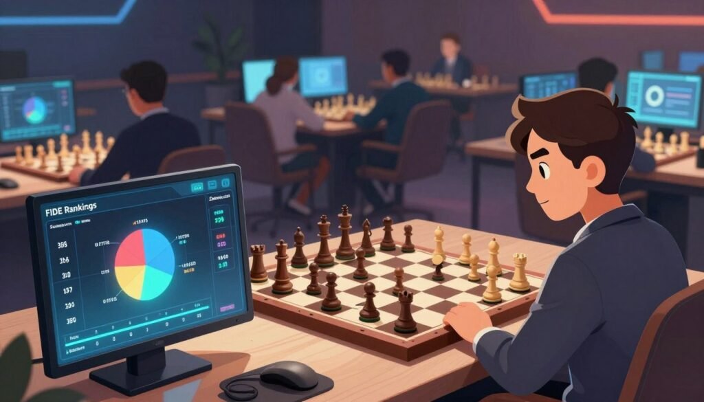 A polished and informative illustration depicting the concept of FIDE rankings in chess. In the foreground, a sleek digital dashboard displaying a glowing graph with player ratings, ranking positions, and colorful pie charts symbolizing live performance metrics. In the middle ground, a stylized chessboard with pieces in mid-game, symbolizing strategy and competition. The background features a blurred chess arena filled with focused players competing on screens, showcasing the online chess environment of Chess.com and Lichess. Soft ambient lighting enhances the mood of seriousness and professionalism. Capture a sense of determination and excitement, representing the essence of elite chess play. The brand name "Debsie.com" subtly included in the design. A polished and informative illustration depicting the concept of FIDE rankings in chess. In the foreground, a sleek digital dashboard displaying a glowing graph with player ratings, ranking positions, and colorful pie charts symbolizing live performance metrics. In the middle ground, a stylized chessboard with pieces in mid-game, symbolizing strategy and competition. The background features a blurred chess arena filled with focused players competing on screens, showcasing the online chess environment of Chess.com and Lichess. Soft ambient lighting enhances the mood of seriousness and professionalism. Capture a sense of determination and excitement, representing the essence of elite chess play. The brand name "Debsie.com" subtly included in the design.
