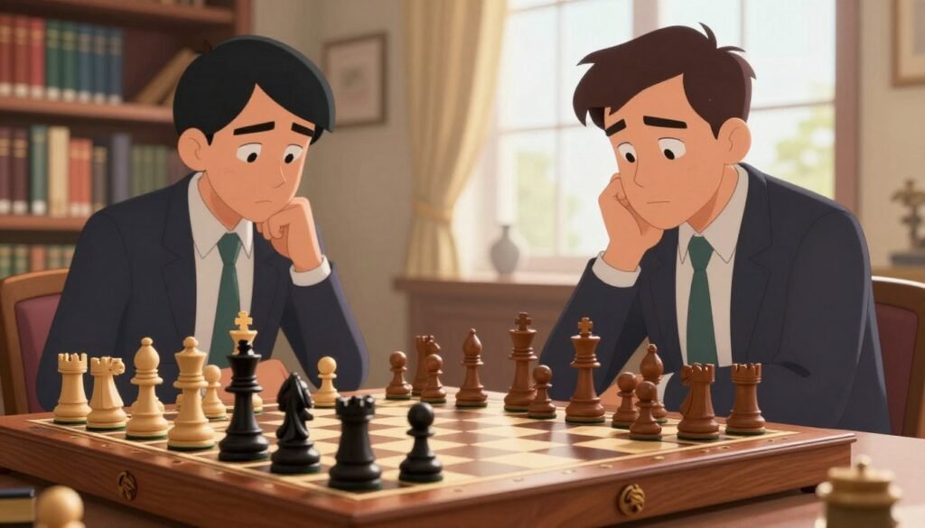 A polished chessboard set in an elegantly lit room, showcasing a mid-game position of the Queen's Gambit Declined. In the foreground, a classic wooden chessboard with intricately carved pieces, highlighting the black pawn on e4 and the white pawn on d5. The middle ground features two players intensely focused on their strategy, dressed in professional business attire, one leaning forward and calculating their next move, while the other observes thoughtfully. The background reveals softly blurred bookshelves filled with chess literature and a large window allowing natural light to cascade into the space, creating a warm and inviting atmosphere. The warm lighting emphasizes the richness of the chess pieces and the players’ expressions, capturing the essence of strategic thought and engagement in the game. Imagery reflects a sense of professionalism and dedication to the art of chess. Debsie.com. A polished chessboard set in an elegantly lit room, showcasing a mid-game position of the Queen's Gambit Declined. In the foreground, a classic wooden chessboard with intricately carved pieces, highlighting the black pawn on e4 and the white pawn on d5. The middle ground features two players intensely focused on their strategy, dressed in professional business attire, one leaning forward and calculating their next move, while the other observes thoughtfully. The background reveals softly blurred bookshelves filled with chess literature and a large window allowing natural light to cascade into the space, creating a warm and inviting atmosphere. The warm lighting emphasizes the richness of the chess pieces and the players’ expressions, capturing the essence of strategic thought and engagement in the game. Imagery reflects a sense of professionalism and dedication to the art of chess. Debsie.com.