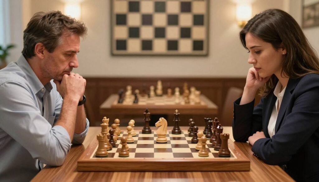 A polished wooden chessboard takes center stage, showcasing an intense game in progress with a focus on the move order. The foreground features two players, a middle-aged man in a smart casual shirt and a young woman in a business blazer, both deeply engaged in thought. In the middle, the chess pieces are intricately detailed, with a knight and pawn highlighted as the central focus. The background subtly blurs out, showing a warm, well-lit room adorned with abstract chess-themed art. Soft, ambient lighting casts gentle shadows that create a contemplative atmosphere, suggesting strategy and patience inherent in 1.d4 games. The image is crisp, full of life yet organized, capturing the essence of modern chess competition. Debsie.com.