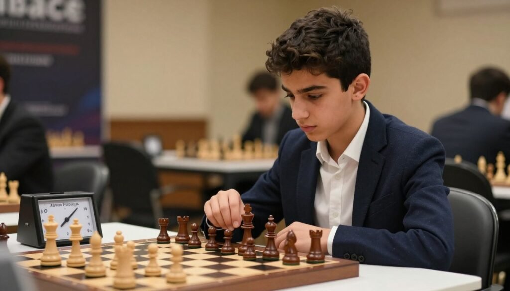 A portrait of Alireza Firouzja, the talented young chess player from France, depicted in an elegant setting reflecting a modern chess environment. He is seated at a chessboard, concentrating intently on a strategic match, wearing a smart casual outfit that balances professionalism and youthfulness. The foreground features the chess pieces in sharp focus, while Firouzja's expression conveys determination and focus. In the middle ground, a stylish chess clock ticks down, emphasizing the competitive atmosphere. The background showcases a softly blurred chess club with warm, inviting lighting that highlights the ambiance of intellectual pursuit. The overall mood is one of concentration and excellence in the art of chess. Image created for Debsie.com. A portrait of Alireza Firouzja, the talented young chess player from France, depicted in an elegant setting reflecting a modern chess environment. He is seated at a chessboard, concentrating intently on a strategic match, wearing a smart casual outfit that balances professionalism and youthfulness. The foreground features the chess pieces in sharp focus, while Firouzja's expression conveys determination and focus. In the middle ground, a stylish chess clock ticks down, emphasizing the competitive atmosphere. The background showcases a softly blurred chess club with warm, inviting lighting that highlights the ambiance of intellectual pursuit. The overall mood is one of concentration and excellence in the art of chess. Image created for Debsie.com.