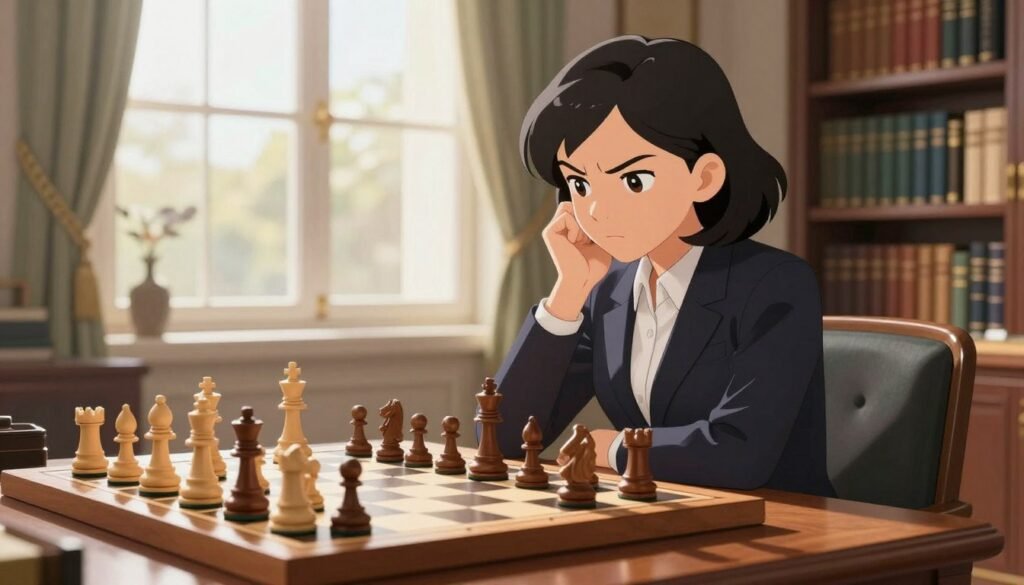A portrait of Hou Yifan, the renowned Chinese chess prodigy and former Women's World Champion, seated at a wooden chess table in a sunlit, elegant room. She is wearing a sophisticated, professional outfit, reflecting her status as a leading figure in chess. In the foreground, her intense gaze is focused on the chessboard, with strategic pieces arranged thoughtfully. In the middle, a polished chess set gleams, showcasing intricate designs that highlight the game's rich history. In the background, soft sunlight filters through a large window, illuminating bookshelves filled with classic chess literature. The atmosphere is one of quiet determination and intellectual vitality, capturing the essence of a modern chess champion thriving in open competitions. Debsie.com. A portrait of Hou Yifan, the renowned Chinese chess prodigy and former Women's World Champion, seated at a wooden chess table in a sunlit, elegant room. She is wearing a sophisticated, professional outfit, reflecting her status as a leading figure in chess. In the foreground, her intense gaze is focused on the chessboard, with strategic pieces arranged thoughtfully. In the middle, a polished chess set gleams, showcasing intricate designs that highlight the game's rich history. In the background, soft sunlight filters through a large window, illuminating bookshelves filled with classic chess literature. The atmosphere is one of quiet determination and intellectual vitality, capturing the essence of a modern chess champion thriving in open competitions. Debsie.com.