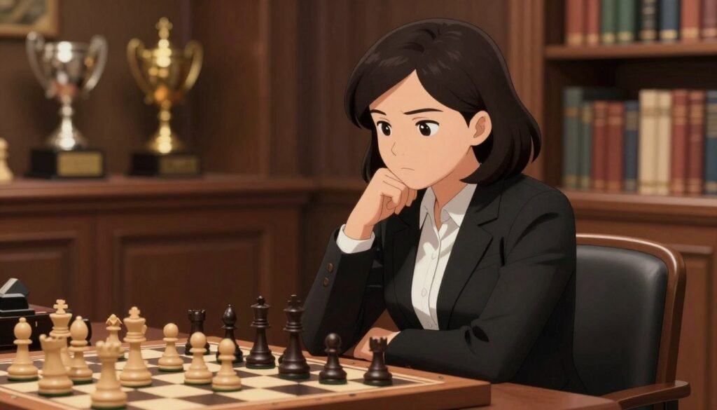 A portrait of Hou Yifan, the renowned chess player, set in a rich, warm-toned environment. In the foreground, she is seated confidently at a chessboard, deep in thought, wearing a sleek black blazer over a white blouse, embodying professionalism and strength. The middle ground features an elegantly designed chess setup with pieces in mid-game, symbolizing strategic dominance. In the background, a blurred library with chess trophies and books on chess strategy adds depth and context to her achievements and influence in the chess world. Soft, diffused lighting highlights her thoughtful expression, creating an atmosphere of focus and determination. The image conveys a sense of quiet power, reflecting her historic dominance in chess. - Debsie.com A portrait of Hou Yifan, the renowned chess player, set in a rich, warm-toned environment. In the foreground, she is seated confidently at a chessboard, deep in thought, wearing a sleek black blazer over a white blouse, embodying professionalism and strength. The middle ground features an elegantly designed chess setup with pieces in mid-game, symbolizing strategic dominance. In the background, a blurred library with chess trophies and books on chess strategy adds depth and context to her achievements and influence in the chess world. Soft, diffused lighting highlights her thoughtful expression, creating an atmosphere of focus and determination. The image conveys a sense of quiet power, reflecting her historic dominance in chess. - Debsie.com