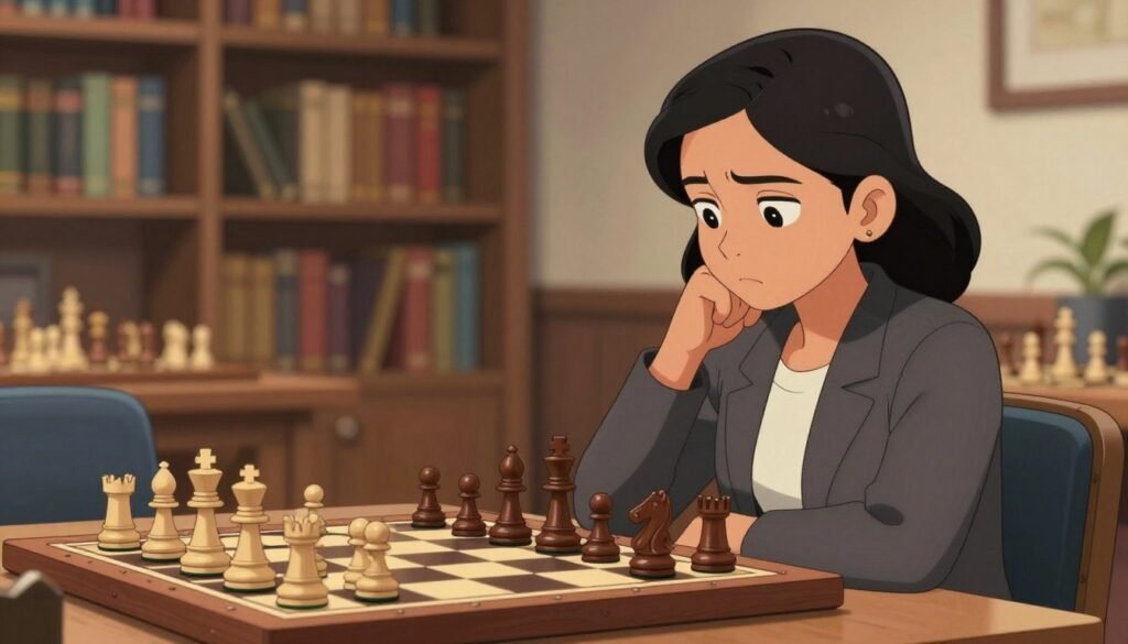A portrait of Koneru Humpy, an accomplished female chess grandmaster, seated at a sleek chessboard. In the foreground, she is focused and deep in thought, dressed in a professional business attire—perhaps a tailored blazer and blouse, exuding confidence. In the middle, the chessboard displays an intense game with intricately carved pieces, highlighting her strategic prowess. The background features a softly blurred library or chess club setting, filled with books and chess-related decorations, suggesting a scholarly atmosphere. Soft, warm lighting creates a welcoming glow, illuminating her determined expression, while a slight depth of field emphasizes her dedication to the game. This image is intended to reflect the theme of long-term elite consistency in chess, ideal for an article section titled “Koneru Humpy and the model of long-term elite consistency.” Debsie.com.