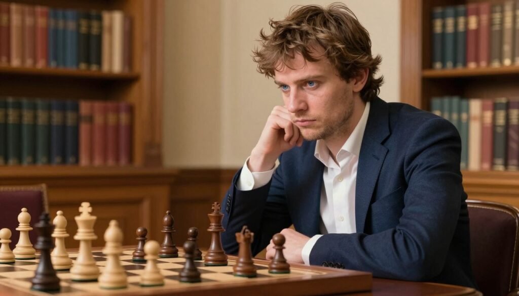 A portrait of Magnus Carlsen, the World Chess Champion, sitting thoughtfully at a chessboard in a well-lit, elegant study. He is dressed in a tailored navy blazer and a crisp white shirt, projecting professionalism and intellect. The foreground features a close-up of his concentrated expression, showcasing his deep blue eyes and tousled brown hair as he studies the board with intense focus. In the middle ground, the chessboard is filled with pieces arranged in a complex mid-game position. The background reveals bookshelves lined with classic chess literature and a warm, inviting atmosphere created by soft, golden lighting. The overall mood is one of contemplation and mastery. Capture the essence of strategic thinking and the beauty of classical chess, as seen on Debsie.com. A portrait of Magnus Carlsen, the World Chess Champion, sitting thoughtfully at a chessboard in a well-lit, elegant study. He is dressed in a tailored navy blazer and a crisp white shirt, projecting professionalism and intellect. The foreground features a close-up of his concentrated expression, showcasing his deep blue eyes and tousled brown hair as he studies the board with intense focus. In the middle ground, the chessboard is filled with pieces arranged in a complex mid-game position. The background reveals bookshelves lined with classic chess literature and a warm, inviting atmosphere created by soft, golden lighting. The overall mood is one of contemplation and mastery. Capture the essence of strategic thinking and the beauty of classical chess, as seen on Debsie.com.