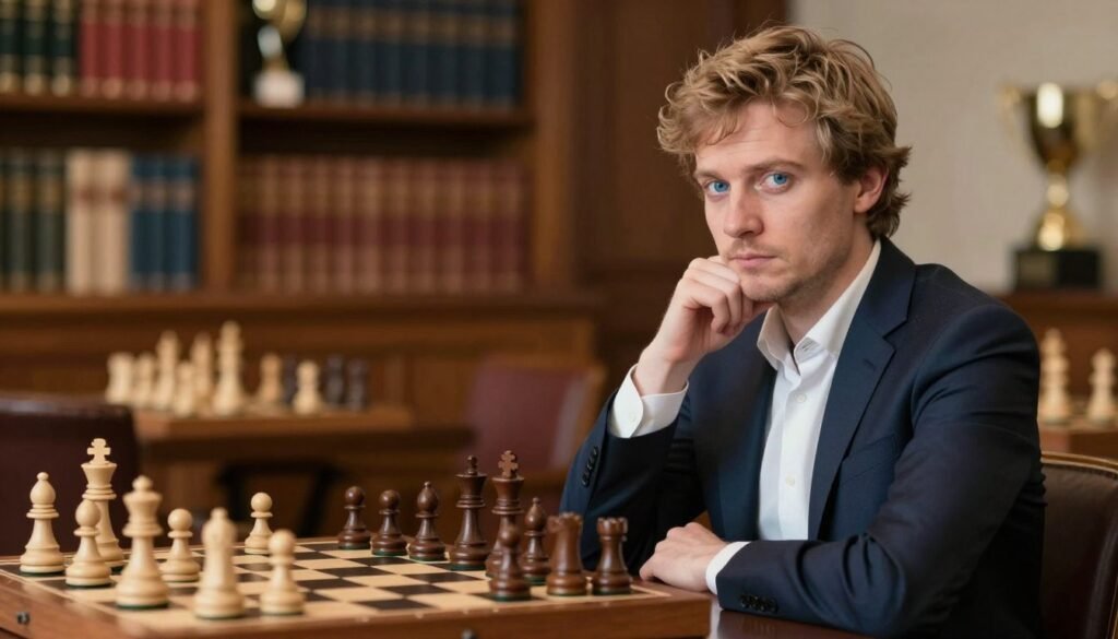 A portrait of Magnus Carlsen, the renowned chess champion, seated thoughtfully at a chessboard with a focused expression. In the foreground, capture his sharp features and bright blue eyes, dressed in a smart, tailored suit for a professional appearance. In the middle ground, display an arranged chessboard with pieces in mid-game, showcasing a complex position indicative of his tactical prowess. The background should be softly blurred, featuring a cozy library filled with chess books and trophies, enhancing the academic atmosphere. Use warm lighting to create a welcoming and inspiring mood, and a slight depth of field to emphasize Carlsen's intense concentration on the game. The overall composition reflects mastery and strategy, ideal for budding chess enthusiasts. Image by Debsie.com.