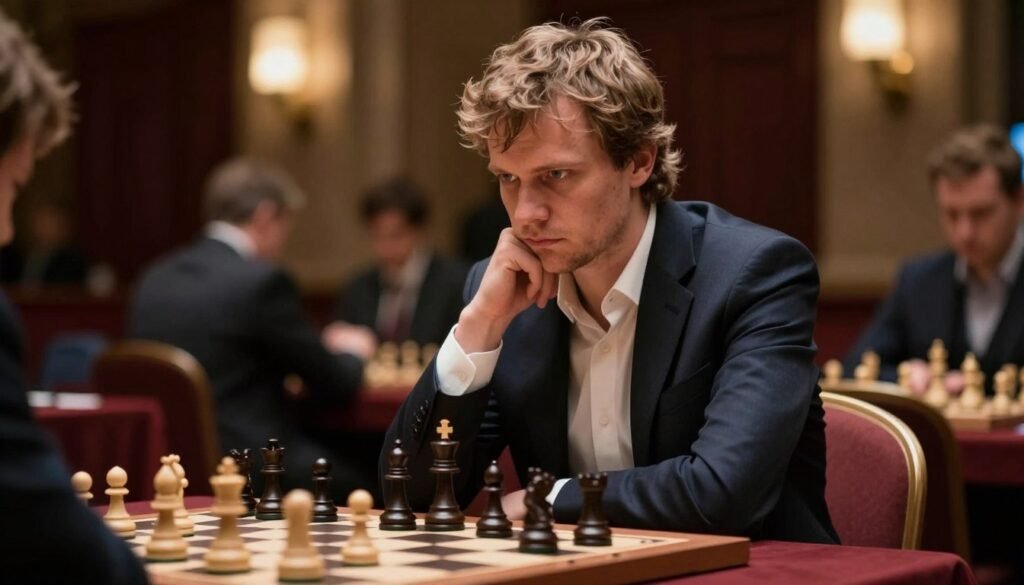 A portrait of Magnus Carlsen, the renowned chess grandmaster, in a striking manner that captures his competitive spirit and intellect. In the foreground, he appears focused and contemplative, dressed in a smart, professional business attire. His intense gaze reflects a mix of determination and strategic thinking. The middle ground features a chessboard with pieces in mid-game, symbolizing his tactical prowess. In the background, the dimly lit ambiance of a grand chess tournament hall illuminates the scene with soft, warm light, enhancing the seriousness of the moment. The overall mood is intense yet respectful, highlighting the atmosphere of high-stakes competition. The image should convey the essence of chess mastery and the significance of strategic thinking. No text or watermarks. Debsie.com.