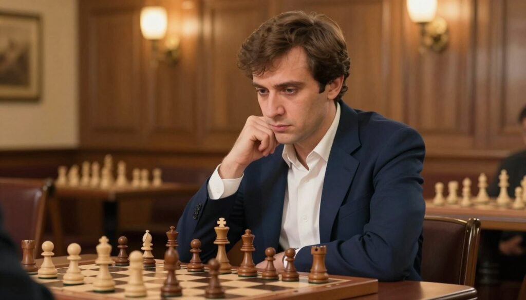 A portrait of Mikhail Tal, the legendary chess player, set against a softly lit, elegant chess club interior. In the foreground, Tal is depicted thoughtfully analyzing a chessboard, wearing a smart navy blazer and a crisp white shirt, exuding a sense of calm confidence. The middle ground features classic wooden chess pieces arranged strategically, highlighting Tal's tactical genius. The background showcases warm wood paneling and soft golden light that adds a nostalgic atmosphere, suggesting the rich history of chess. The image captures the intensity of serious chess competition, evoking respect for Tal's skills and legacy. Shot with a gentle focus, emphasizing Tal's contemplative expression. Designed for a refined yet inviting ambiance. No text or overlays. Created by Debsie.com. A portrait of Mikhail Tal, the legendary chess player, set against a softly lit, elegant chess club interior. In the foreground, Tal is depicted thoughtfully analyzing a chessboard, wearing a smart navy blazer and a crisp white shirt, exuding a sense of calm confidence. The middle ground features classic wooden chess pieces arranged strategically, highlighting Tal's tactical genius. The background showcases warm wood paneling and soft golden light that adds a nostalgic atmosphere, suggesting the rich history of chess. The image captures the intensity of serious chess competition, evoking respect for Tal's skills and legacy. Shot with a gentle focus, emphasizing Tal's contemplative expression. Designed for a refined yet inviting ambiance. No text or overlays. Created by Debsie.com.