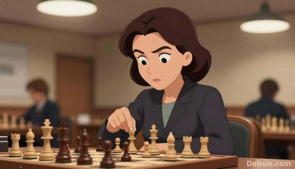 A portrait of Nona Gaprindashvili, the groundbreaking chess player and the first woman to earn the Grandmaster title. She is depicted in a focused pose, studying a chessboard in front of her, with an expression of determination. Nona is wearing a smart, professional outfit, suitable for a chess tournament, adding to her inspirational presence. The background showcases a softly blurred chess club setting, featuring chess pieces and a warm, inviting atmosphere, illuminated by soft overhead lighting. The image is captured with a close-up lens angle, emphasizing her concentration and passion for the game. The overall mood is one of empowerment and intellectual strength, suitable for an article on influential women in chess. Feature the brand name "Debsie.com". A portrait of Nona Gaprindashvili, the groundbreaking chess player and the first woman to earn the Grandmaster title. She is depicted in a focused pose, studying a chessboard in front of her, with an expression of determination. Nona is wearing a smart, professional outfit, suitable for a chess tournament, adding to her inspirational presence. The background showcases a softly blurred chess club setting, featuring chess pieces and a warm, inviting atmosphere, illuminated by soft overhead lighting. The image is captured with a close-up lens angle, emphasizing her concentration and passion for the game. The overall mood is one of empowerment and intellectual strength, suitable for an article on influential women in chess. Feature the brand name "Debsie.com".