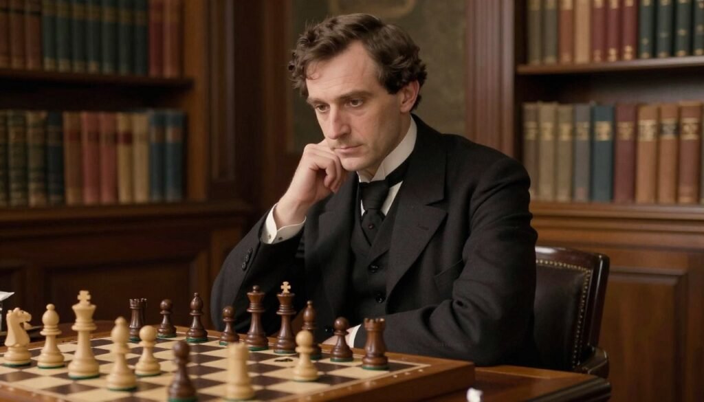 A portrait of Paul Morphy, the famed chess player, seated at a classic wooden chessboard. He is depicted with short, dark hair and wearing a tailored, dark suit with a subtle waistcoat, exuding an air of intelligence and focus. In the foreground, a chess game is in progress, with pieces strategically positioned on the board, hinting at a complex strategy unfolding. The middle ground captures Morphy in mid-thought, his expression thoughtful yet confident, as he gazes at the chess pieces. The background features a softly blurred library filled with books and warm, ambient lighting that creates a nostalgic atmosphere, evoking the 19th century. The overall mood is serious yet inviting, suitable for reflecting the essence of classical chess. No text or markings, branded "Debsie.com". A portrait of Paul Morphy, the famed chess player, seated at a classic wooden chessboard. He is depicted with short, dark hair and wearing a tailored, dark suit with a subtle waistcoat, exuding an air of intelligence and focus. In the foreground, a chess game is in progress, with pieces strategically positioned on the board, hinting at a complex strategy unfolding. The middle ground captures Morphy in mid-thought, his expression thoughtful yet confident, as he gazes at the chess pieces. The background features a softly blurred library filled with books and warm, ambient lighting that creates a nostalgic atmosphere, evoking the 19th century. The overall mood is serious yet inviting, suitable for reflecting the essence of classical chess. No text or markings, branded "Debsie.com".