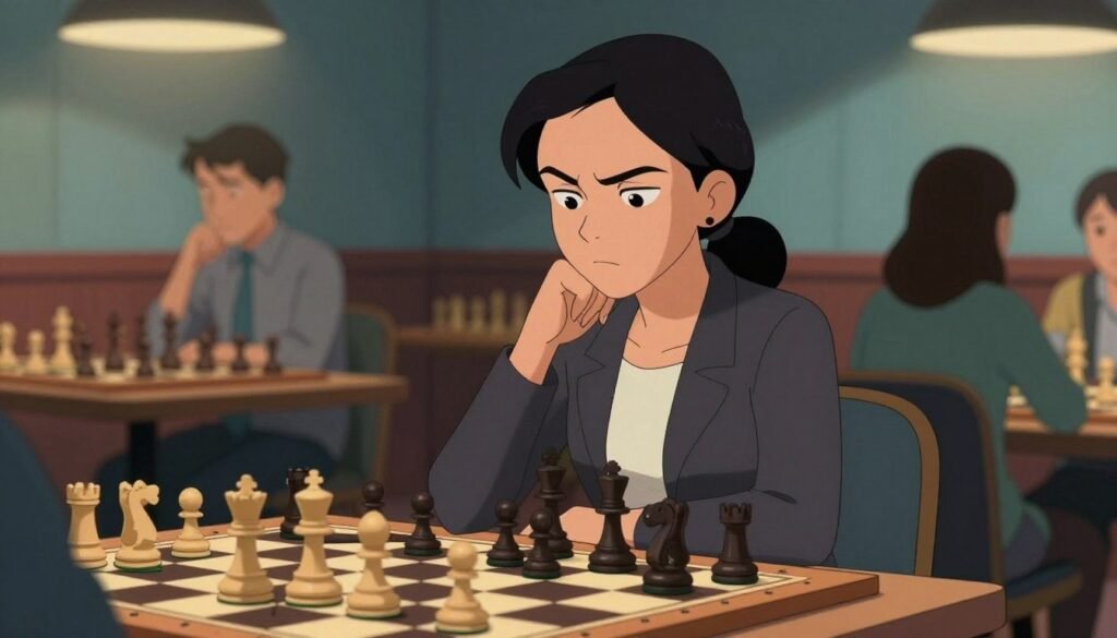 A powerful woman depicted as one of the strongest chess players in history, confidently seated at a chessboard. She has a determined expression, exuding intelligence and strategy, with her hair pulled back neatly, wearing a professional yet stylish blazer. The foreground showcases the intricate details of the chessboard filled with pieces in mid-game. In the middle, a soft-focus background reveals a modern chess club with vivid yet muted colors, accentuating the atmosphere of focus and competition. Lighting is warm and inviting, highlighting her features while casting soft shadows. The angle is slightly elevated, providing a dynamic view of her engaged thinking process. The scene inspires respect and admiration, illustrating the essence of strength in intellect and strategy. The image conveys a professional and serious tone, suitable for a reflective analysis. Debsie.com.