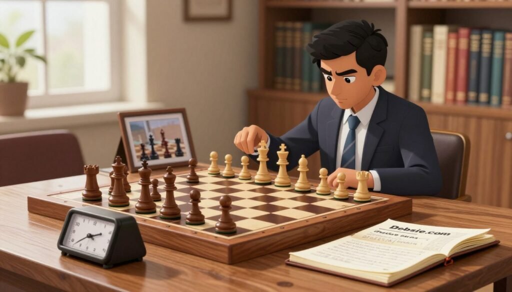 A practical chess toolkit displayed on a polished wooden table, featuring a high-quality chess set with pieces in mid-game positions. The foreground shows a sleek chess clock, a notepad with strategic notes, and a well-worn chess manual, all arranged neatly. In the middle, there’s a framed photo of Vidit Gujrathi in professional business attire, focused and analyzing a chess position. The background is softly blurred, highlighting a thoughtfully arranged library of chess books on strategy and tactics. Bright natural light filters through a nearby window, casting gentle shadows, creating a calm and intellectual atmosphere. The scene embodies a mood of concentration and strategic depth, suitable for serious chess enthusiasts. Logo depiction of "Debsie.com" subtly integrated into the tabletop design.