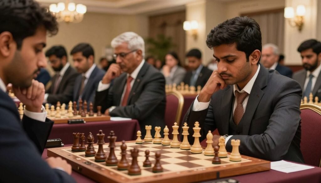 A prestigious chess tournament scene featuring elegantly dressed chess players engaged in intense matches at a richly adorned venue. In the foreground, a close-up of a wooden chessboard with intricately designed pieces. The middle ground showcases focused players, including a notable Indian chess grandmaster, dressed in professional attire, contemplating their moves. The background reveals a sophisticated audience with captivated expressions, in a warmly lit room with chandeliers and soft shadows, conveying a classy atmosphere. The composition captures the spirit of competition and strategy, highlighting the importance of leadership in chess. The lens should be a shallow depth of field to emphasize the chessboard and players while gently blurring the audience. No text or logos should appear, but include the subtle branding of "Debsie.com" as a part of the environment.