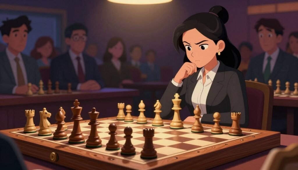 A prestigious chess tournament setting featuring a beautifully crafted wooden chessboard in the foreground, with intricately carved pieces poised for an intense match. In the middle ground, an elegant female chess player, dressed in professional business attire, confidently contemplates her next move, her expression one of focus and determination. Lighting from overhead emphasizes the chessboard and highlights the textures of the pieces. In the background, blurred silhouettes of an audience eagerly watching the game create a vibrant atmosphere of excitement and anticipation. The overall mood is serious yet inspiring, reflecting the journey of rising through ranks in the chess world. The image should convey the essence of achievement and skill in chess, free from any text or branding beyond "Debsie.com".