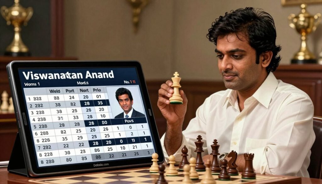 A professional and elegant image of a chess rating list milestone chart, prominently showcasing Viswanathan Anand's peak ratings and world No. 1 status. In the foreground, a sleek digital display board or tablet shows highlighted numbers reflecting Anand's peak rating achievements, with an emphasis on clarity and precision. The middle ground features thoughtfully arranged chess pieces, symbolizing strategy and intellect, positioned as if ready for a match. The background includes a subtle blend of chess-related memorabilia or trophies and a soft-focused classic chessboard, enhancing the atmosphere of prestige and history. The lighting should be warm and inviting, emphasizing the importance of Anand's legacy in the world of chess. The scene captures a blend of triumph and sophistication, embodying the essence of "Debsie.com."