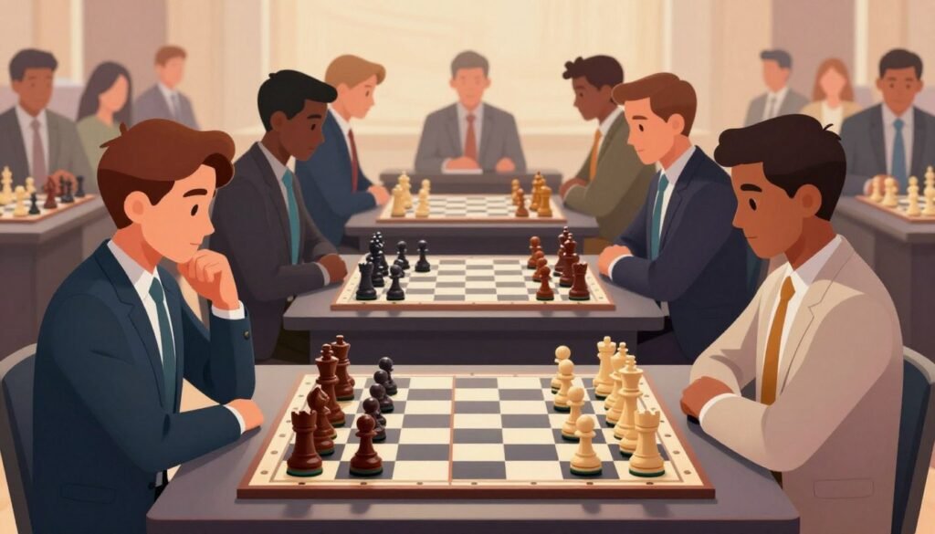 A professional and informative illustration of a double round-robin tournament format set on a sleek, modern chessboard. In the foreground, depict a stylish chessboard with distinctive pieces in vibrant colors, arranged elegantly. The middle ground features well-dressed players engaged in matches, exhibiting concentration and strategy. The players should be in professional business attire, showcasing a diverse array of genders and ethnicities for inclusivity. In the background, a soft-focus audience watches attentively, creating a dynamic atmosphere. Use warm, inviting lighting to emphasize the competitive yet friendly environment. Capture the essence of strategy and teamwork inherent in the double round-robin format, while ensuring clarity and professionalism. The image should embody a sense of excitement and anticipation for the upcoming Candidates Tournament 2026. Create this illustration in a high-resolution format suitable for an article by Debsie.com. A professional and informative illustration of a double round-robin tournament format set on a sleek, modern chessboard. In the foreground, depict a stylish chessboard with distinctive pieces in vibrant colors, arranged elegantly. The middle ground features well-dressed players engaged in matches, exhibiting concentration and strategy. The players should be in professional business attire, showcasing a diverse array of genders and ethnicities for inclusivity. In the background, a soft-focus audience watches attentively, creating a dynamic atmosphere. Use warm, inviting lighting to emphasize the competitive yet friendly environment. Capture the essence of strategy and teamwork inherent in the double round-robin format, while ensuring clarity and professionalism. The image should embody a sense of excitement and anticipation for the upcoming Candidates Tournament 2026. Create this illustration in a high-resolution format suitable for an article by Debsie.com.